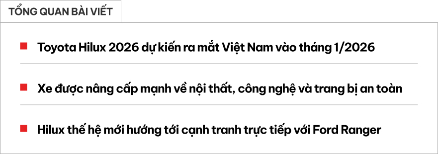 Toyota Hilux 2026 lần đầu được hé lộ chính thức tại Việt Nam: Ra mắt tháng sau với nhiều thay đổi lột xác, dễ có 3 bản đấu Ranger- Ảnh 1. Toyota Hilux 2026 lần đầu được hé lộ chính thức tại Việt Nam: Ra mắt tháng sau với nhiều thay đổi lột xác, dễ có 3 bản đấu Ranger- Ảnh 1.