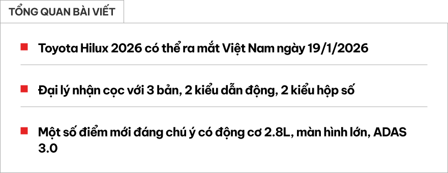 Th&ecirc;m th&ocirc;ng tin Toyota Hilux 2026 b&aacute;n tại Việt Nam th&aacute;ng sau: Gi&aacute; tạm t&iacute;nh từ dưới 700 triệu đồng, 3 bản, m&aacute;y 2.8L, c&oacute; ADAS đời mới đấu Ranger- Ảnh 1.