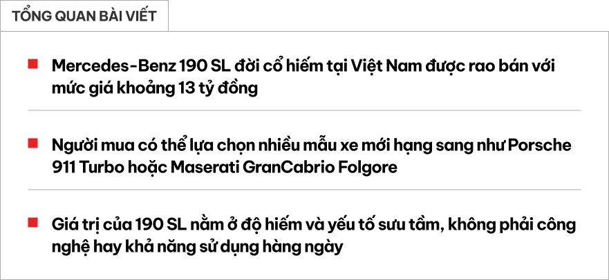 Hàng hiếm Mercedes-Benz 190 SL giá 13 tỷ đồng lên sàn: ‘Món đồ chơi’ cùng gu với ông Đặng Lê Nguyên Vũ, cả Việt Nam chỉ có vài chiếc- Ảnh 1. Hàng hiếm Mercedes-Benz 190 SL giá 13 tỷ đồng lên sàn: ‘Món đồ chơi’ cùng gu với ông Đặng Lê Nguyên Vũ, cả Việt Nam chỉ có vài chiếc- Ảnh 1.