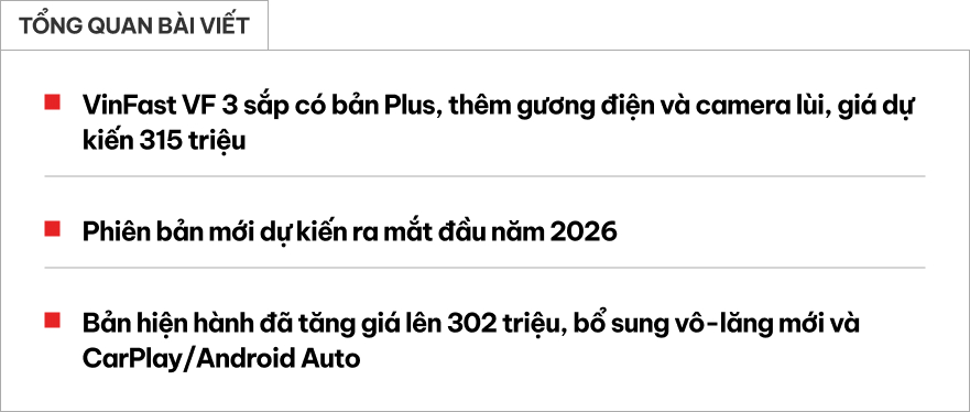 Rộ tin VinFast VF 3 sắp th&ecirc;m bản cao cấp: Gi&aacute; dự kiến 315 triệu đồng, th&ecirc;m gương điện, camera l&ugrave;i để chủ xe đỡ phải độ- Ảnh 1.