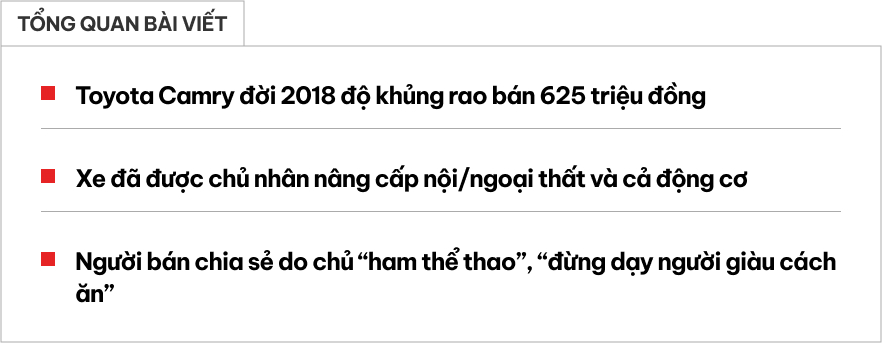 Toyota Camry độ treo khi nén bán hơn 600 triệu, chủ xe chia sẻ sẵn sàng thu mua lại và khẳng định: 'Đừng dạy người giàu cách ăn'- Ảnh 1.