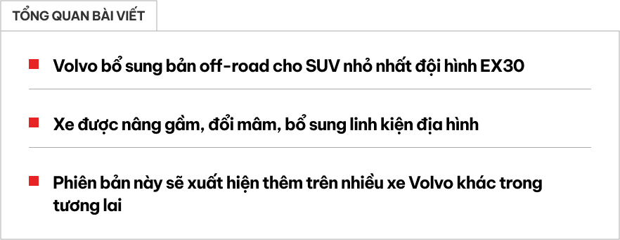 Volvo EX30 Cross Country ra mắt: Chạy 427km/sạc, nhiều đồ chơi cho nhà giàu thích offroad- Ảnh 1.