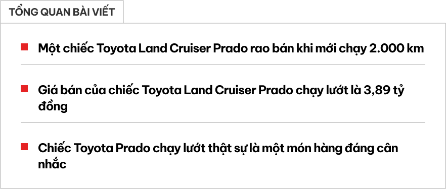 Mới chạy 2.000km đã 'trao tay', Toyota Land Cruiser Prado 2025 rao bán 3,89 tỷ đồng, đắt hơn xe mới tới 400 triệu đồng- Ảnh 1.