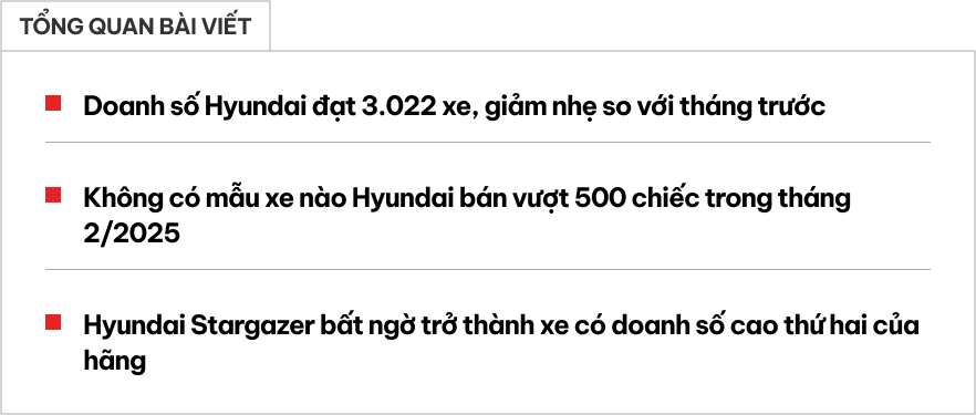 Doanh số Hyundai tháng 2/2025: Không mẫu nào bán quá 500 chiếc, Stargazer, Custin bất ngờ trở thành điểm sáng- Ảnh 1.