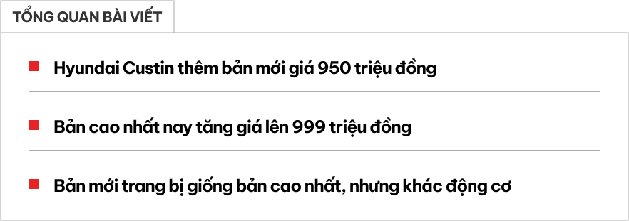 Hyundai Custin thêm bản mới trang bị như bản cao nhất, chỉ khác động cơ, giá thấp hơn 49 triệu- Ảnh 1.