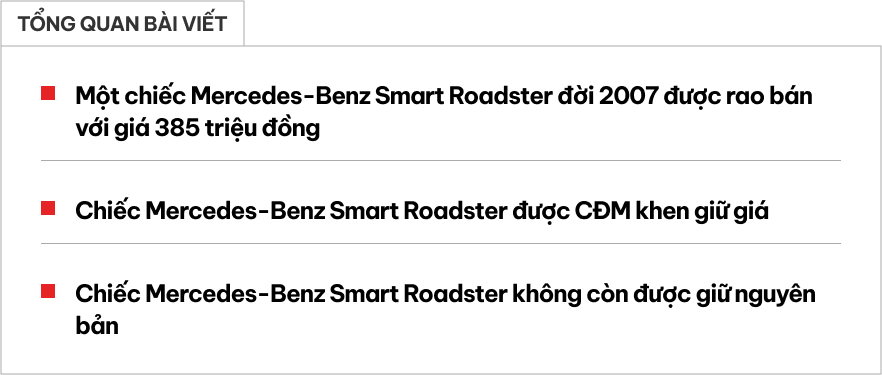 Xe hiếm Mercedes-Benz Smart Roadster rao bán sau gần 20 năm: Giá ngang Kia Morning đời mới, CĐM khen ‘10 năm rồi giá vẫn vậy’- Ảnh 1.