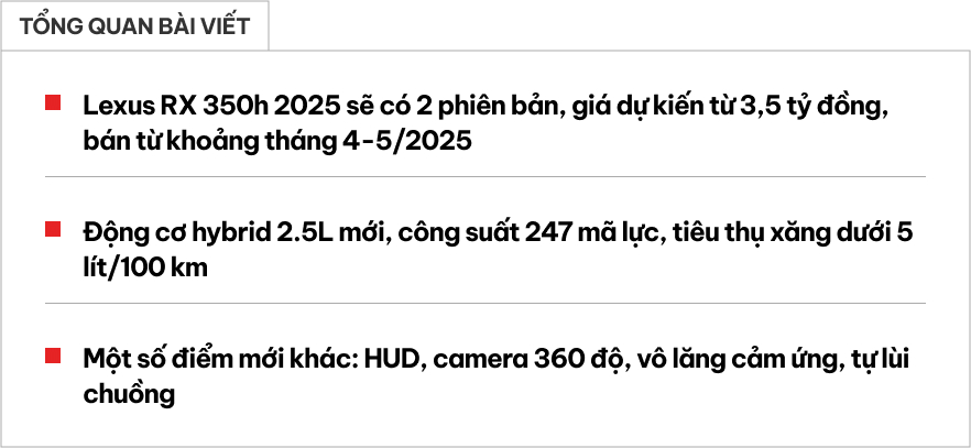 Lexus RX hybrid 2025 giá dự kiến từ 3,5 tỷ đồng tại Việt Nam, dễ bán tháng sau, cạnh tranh X5, Q7 bằng động cơ tiết kiệm như Vios- Ảnh 1.