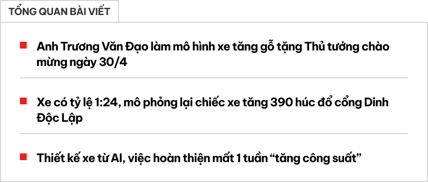‘Ông bố thợ mộc’ làm mô hình xe tăng gỗ tặng Thủ tướng mừng 30/4: ‘Dùng AI thiết kế, tăng công suất làm gói gọn mất 1 tuần’- Ảnh 1.