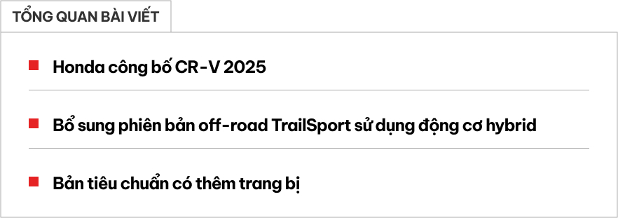 Honda CR-V 2025 ra mắt: Thêm bản offroad 204hp, ngay từ bản base đã có màn 9inch và 1 option rất quen thuộc- Ảnh 1. Honda CR-V 2025 ra mắt: Thêm bản offroad 204hp, ngay từ bản base đã có màn 9inch và 1 option rất quen thuộc- Ảnh 1.
