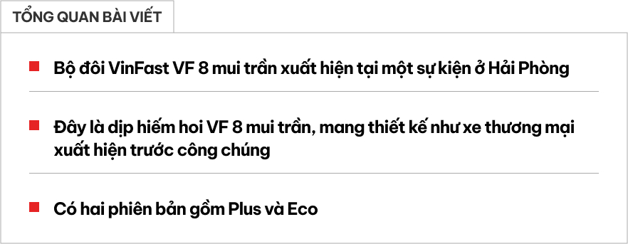 Cơ hội xem tận mắt bộ đôi VinFast VF 8 mui trần tại Hải Phòng: Thiết kế như xe thương mại, có 2 phiên bản- Ảnh 1. Cơ hội xem tận mắt bộ đôi VinFast VF 8 mui trần tại Hải Phòng: Thiết kế như xe thương mại, có 2 phiên bản- Ảnh 1.