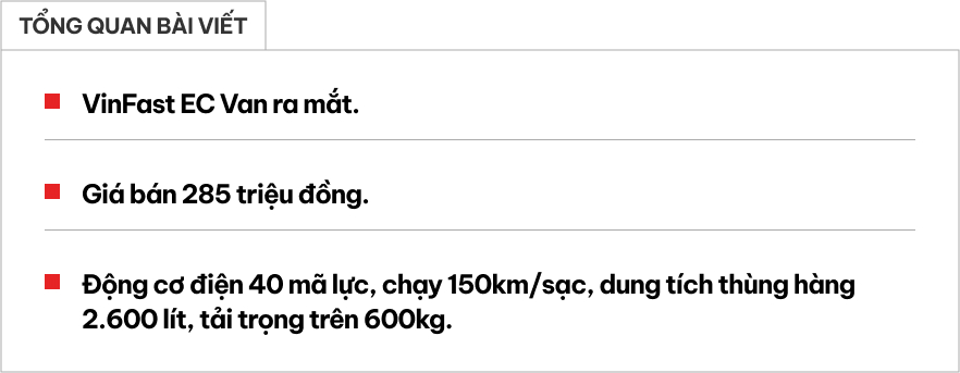 VinFast EC Van ra mắt Việt Nam: Giá từ 285 triệu đồng, động cơ ngang VF 3, chạy 150km/sạc, thùng hàng 2.600 lít, tải trọng trên 600kg- Ảnh 1. VinFast EC Van ra mắt Việt Nam: Giá từ 285 triệu đồng, động cơ ngang VF 3, chạy 150km/sạc, thùng hàng 2.600 lít, tải trọng trên 600kg- Ảnh 1.