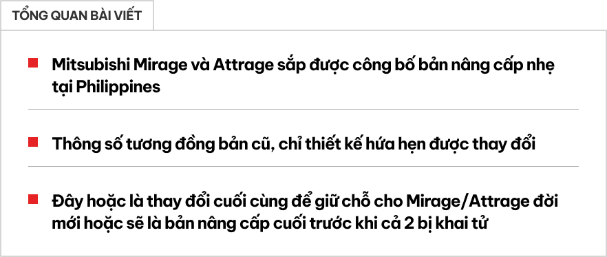 Bộ đôi 'bán ế' Mitsubishi Mirage và Attrage sắp có bản nâng cấp: Chỉ thay đổi thiết kế, động cơ không đổi, để ngỏ khả năng về Việt Nam- Ảnh 1. Bộ đôi 'bán ế' Mitsubishi Mirage và Attrage sắp có bản nâng cấp: Chỉ thay đổi thiết kế, động cơ không đổi, để ngỏ khả năng về Việt Nam- Ảnh 1.