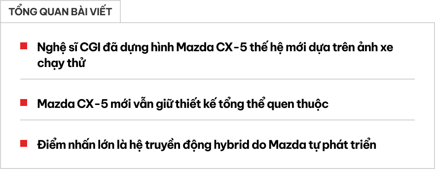Mazda CX-5 thế hệ mới dự kiến trông thế này: Team thiết kế vẫn... 'nhàn', động cơ hybrid hết mượn Toyota trên 200 mã lực, màn hình lớn- Ảnh 1. Mazda CX-5 thế hệ mới dự kiến trông thế này: Team thiết kế vẫn... 'nhàn', động cơ hybrid hết mượn Toyota trên 200 mã lực, màn hình lớn- Ảnh 1.