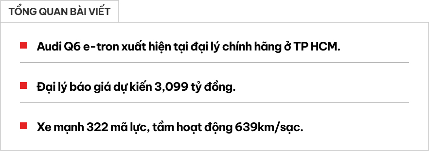 Audi Q6 e-tron lộ ảnh tại Việt Nam: Giá dự kiến hơn 3 tỷ đồng, mạnh 322 mã lực, chạy Hà Nội - Vinh khứ hồi không cần sạc- Ảnh 1. Audi Q6 e-tron lộ ảnh tại Việt Nam: Giá dự kiến hơn 3 tỷ đồng, mạnh 322 mã lực, chạy Hà Nội - Vinh khứ hồi không cần sạc- Ảnh 1.