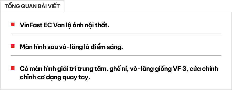VinFast EC Van lần đầu có ảnh nội thất: Có điểm giống VF 3, 2 màn hình, kính 'quay tay'- Ảnh 1.