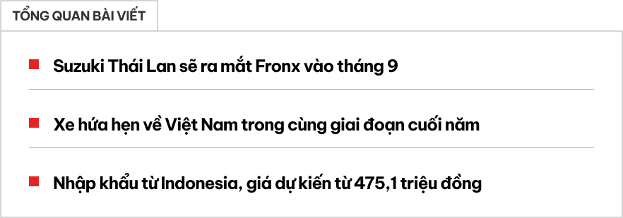 Suzuki Fronx ra mắt Thái Lan vào tháng 9, hứa hẹn về Việt Nam cùng dịp: Máy hybrid nhẹ, nhiều 'đồ chơi' trong phân khúc- Ảnh 1. Suzuki Fronx ra mắt Thái Lan vào tháng 9, hứa hẹn về Việt Nam cùng dịp: Máy hybrid nhẹ, nhiều 'đồ chơi' trong phân khúc- Ảnh 1.