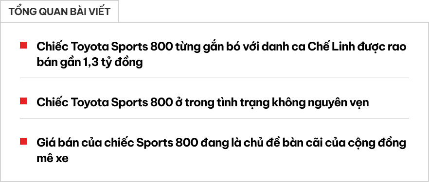 Chiếc Toyota Sports 800 từng gắn bó với danh ca Chế Linh rao bán gần 1,3 tỷ đồng dù không còn nguyên vẹn, dân mạng hoài nghi 'Giá này ai sẽ mua'- Ảnh 1. Chiếc Toyota Sports 800 từng gắn bó với danh ca Chế Linh rao bán gần 1,3 tỷ đồng dù không còn nguyên vẹn, dân mạng hoài nghi 'Giá này ai sẽ mua'- Ảnh 1.
