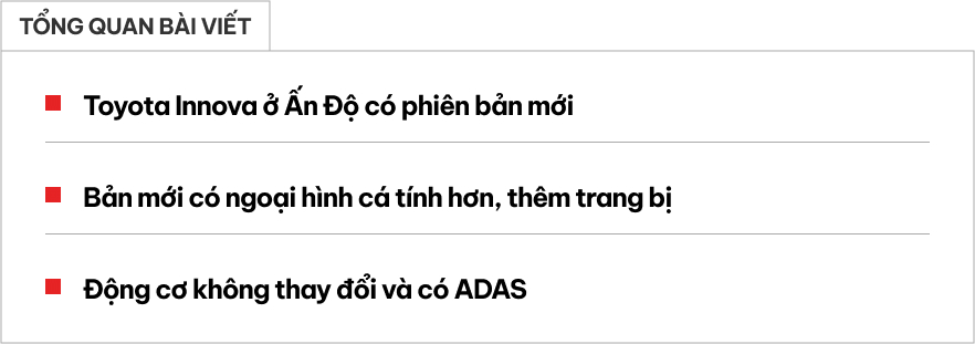 Toyota Innova thêm bản mới: Thiết kế thể thao hơn, thêm trang bị, vẫn máy hybrid, có ADAS, sản xuất giới hạn- Ảnh 1. Toyota Innova thêm bản mới: Thiết kế thể thao hơn, thêm trang bị, vẫn máy hybrid, có ADAS, sản xuất giới hạn- Ảnh 1.