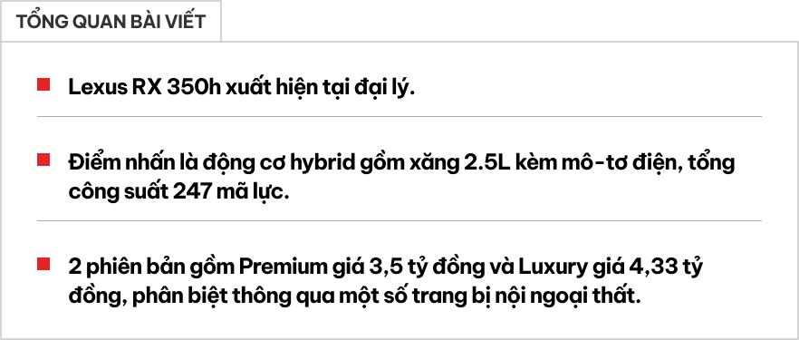 Lexus RX 350h về đại lý: Giá từ 3,5 tỷ đồng, động cơ hybrid mạnh 247 mã lực, thêm camera 360- Ảnh 1. Lexus RX 350h về đại lý: Giá từ 3,5 tỷ đồng, động cơ hybrid mạnh 247 mã lực, thêm camera 360- Ảnh 1.