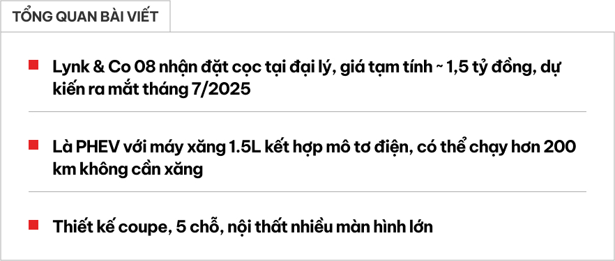 Lynk & Co 08 nhận cọc tại đại lý: Giá tạm tính khoảng 1,5 tỷ đồng, đắt ngang Palisade nhưng nhỏ hơn, là PHEV, chạy hơn 200km khi hết xăng- Ảnh 1. Lynk & Co 08 nhận cọc tại đại lý: Giá tạm tính khoảng 1,5 tỷ đồng, đắt ngang Palisade nhưng nhỏ hơn, là PHEV, chạy hơn 200km khi hết xăng- Ảnh 1.