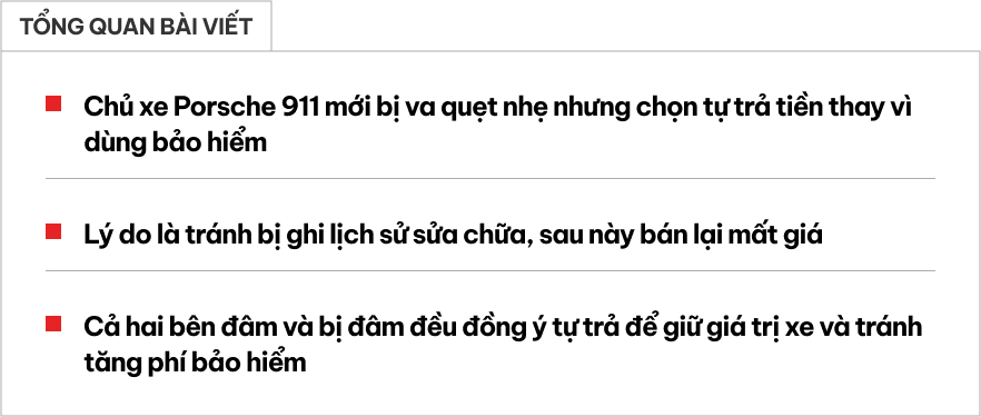 Chủ xe Porsche tính tự bỏ tiền túi gần 300 triệu đồng để xử lý vết xước, móp nhỏ, không dùng bảo hiểm dù có mua, lý do đưa ra nghe rất thuyết phục- Ảnh 1. Chủ xe Porsche tính tự bỏ tiền túi gần 300 triệu đồng để xử lý vết xước, móp nhỏ, không dùng bảo hiểm dù có mua, lý do đưa ra nghe rất thuyết phục- Ảnh 1.