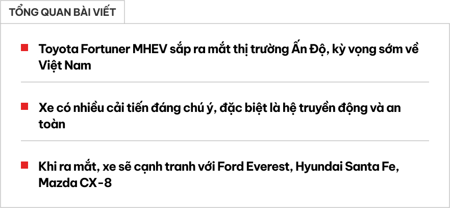 Toyota Fortuner 2025 ra mắt tháng sau: Lần đầu có bản hybrid, bổ sung ADAS, thiết kế thay đổi nhẹ- Ảnh 1. Toyota Fortuner 2025 ra mắt tháng sau: Lần đầu có bản hybrid, bổ sung ADAS, thiết kế thay đổi nhẹ- Ảnh 1.