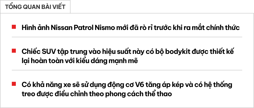 Nissan Patrol sắp về Việt Nam lộ bản thể thao với bodykit hầm hố, có chi tiết như xe đua F1, cạnh tranh Land Cruiser GR Sport- Ảnh 1. Nissan Patrol sắp về Việt Nam lộ bản thể thao với bodykit hầm hố, có chi tiết như xe đua F1, cạnh tranh Land Cruiser GR Sport- Ảnh 1.