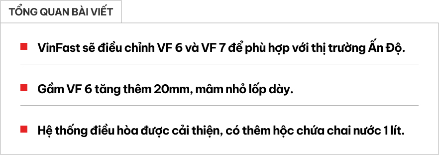 VinFast điều chỉnh xe để phù hợp với thị trường Ấn Độ: Gầm VF 6 tăng thêm 20mm, mâm nhỏ, lốp dày, cải thiện điều hòa, thêm hộc đựng chai nước cỡ lớn, đặt mục tiêu an toàn 5 sao- Ảnh 1. VinFast điều chỉnh xe để phù hợp với thị trường Ấn Độ: Gầm VF 6 tăng thêm 20mm, mâm nhỏ, lốp dày, cải thiện điều hòa, thêm hộc đựng chai nước cỡ lớn, đặt mục tiêu an toàn 5 sao- Ảnh 1.