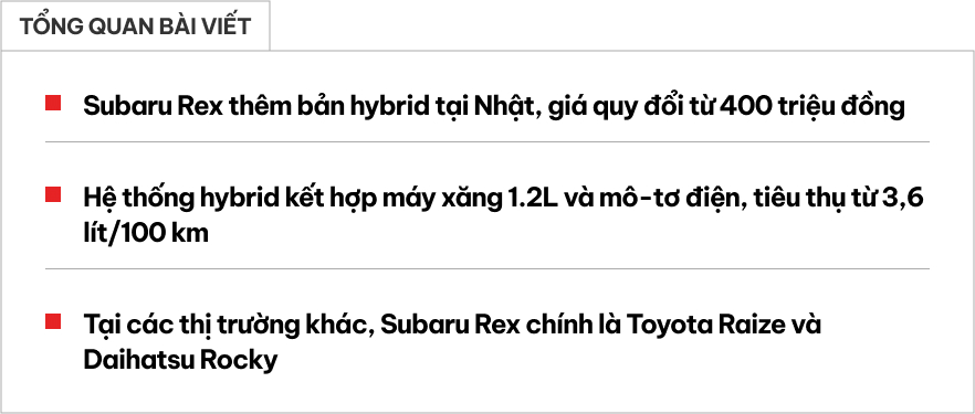 Subaru Rex - Song sinh của Toyota Raize có thêm bản hybrid, tiêu thụ xăng chỉ từ 3,6 lít/100km ngang SH- Ảnh 1. Subaru Rex - Song sinh của Toyota Raize có thêm bản hybrid, tiêu thụ xăng chỉ từ 3,6 lít/100km ngang SH- Ảnh 1.