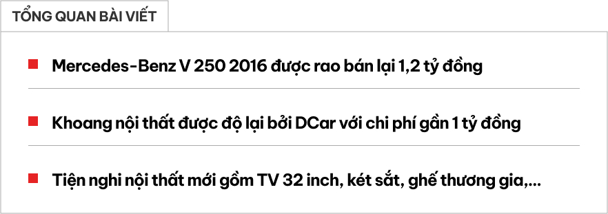 Rao Mercedes-Benz V-Class giá 1,2 tỷ đồng, người bán cho biết riêng tiền độ đã gần 1 tỷ với TV, két sắt, tủ lạnh, ghế 'chủ tịch' kiểu Maybach- Ảnh 1. Rao Mercedes-Benz V-Class giá 1,2 tỷ đồng, người bán cho biết riêng tiền độ đã gần 1 tỷ với TV, két sắt, tủ lạnh, ghế 'chủ tịch' kiểu Maybach- Ảnh 1.