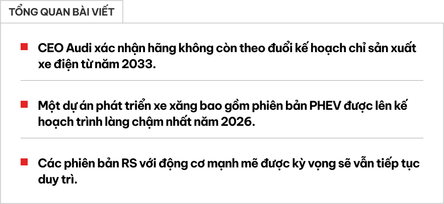 Sếp Audi: 'Hãng dừng kế hoạch chỉ sản xuất xe điện trong tương lai, đang quay lại phát triển xe xăng'- Ảnh 1. Sếp Audi: 'Hãng dừng kế hoạch chỉ sản xuất xe điện trong tương lai, đang quay lại phát triển xe xăng'- Ảnh 1.