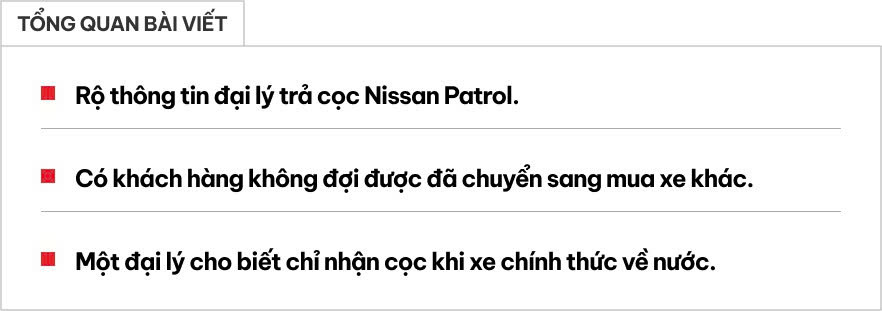 Đại lý chấp nhận trả cọc Nissan Patrol, vẫn để ngỏ khả năng xe về nước, nhưng có khách 'nản lòng' quay sang mua xe khác- Ảnh 1. Đại lý chấp nhận trả cọc Nissan Patrol, vẫn để ngỏ khả năng xe về nước, nhưng có khách 'nản lòng' quay sang mua xe khác- Ảnh 1.