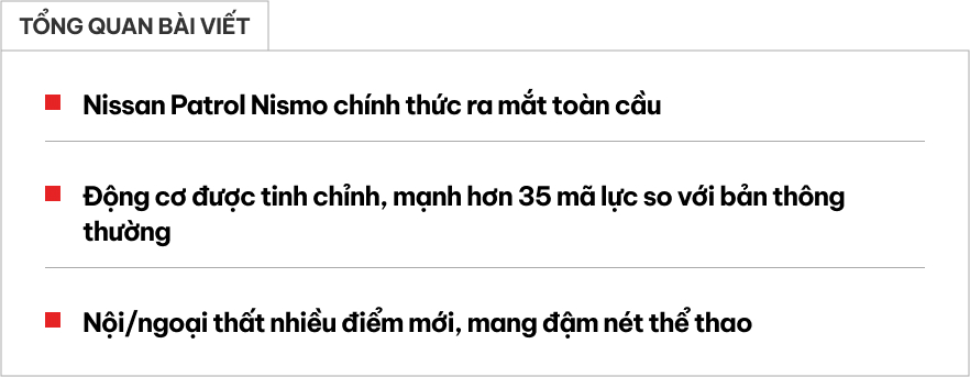 Ảnh thực tế Nissan Patrol bản thể thao vừa ra mắt: Bodykit hầm hố, động cơ gần 500 mã nhưng không còn 'cửa' về Việt Nam- Ảnh 1. Ảnh thực tế Nissan Patrol bản thể thao vừa ra mắt: Bodykit hầm hố, động cơ gần 500 mã nhưng không còn 'cửa' về Việt Nam- Ảnh 1.