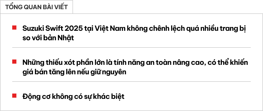 Nhập Nhật nhưng Suzuki Swift 2025 khác gì bản bán tại Nhật: Chủ yếu là các tính năng an toàn, nội thất có điểm mà nhiều người dễ tiếc nuối- Ảnh 1. Nhập Nhật nhưng Suzuki Swift 2025 khác gì bản bán tại Nhật: Chủ yếu là các tính năng an toàn, nội thất có điểm mà nhiều người dễ tiếc nuối- Ảnh 1.