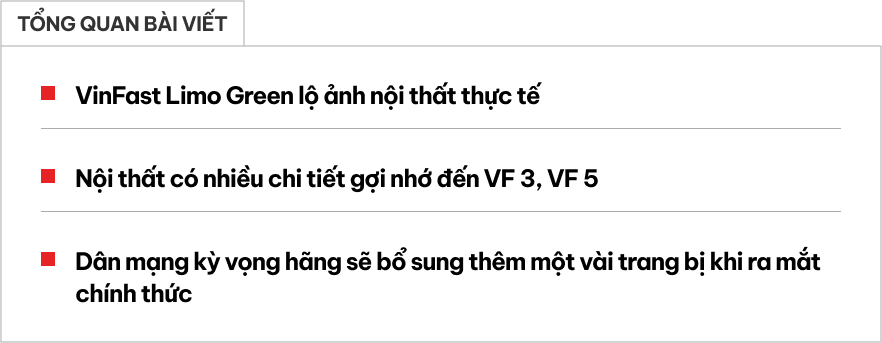 VinFast Limo Green lộ ảnh nội thất thực tế: Nhiều điểm gợi liên tưởng đến VF 3, VF 5, kỳ vọng có HUD thay cụm đồng hồ- Ảnh 1. VinFast Limo Green lộ ảnh nội thất thực tế: Nhiều điểm gợi liên tưởng đến VF 3, VF 5, kỳ vọng có HUD thay cụm đồng hồ- Ảnh 1.