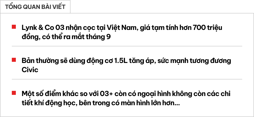 Lynk & Co 03 sắp có thêm bản rẻ hơn tại Việt Nam: Giá tạm tính hơn 700 triệu đồng, máy 1.5L turbo cạnh tranh Civic- Ảnh 1. Lynk & Co 03 sắp có thêm bản rẻ hơn tại Việt Nam: Giá tạm tính hơn 700 triệu đồng, máy 1.5L turbo cạnh tranh Civic- Ảnh 1.