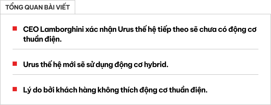 Sếp Lamborghini: 'Urus thế hệ tiếp theo sẽ có động cơ hybrid, vì người giàu không thích xe thuần điện'- Ảnh 1. Sếp Lamborghini: 'Urus thế hệ tiếp theo sẽ có động cơ hybrid, vì người giàu không thích xe thuần điện'- Ảnh 1.