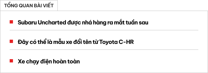Subaru Uncharted - SUV hoàn toàn mới có hình ảnh chính thức đầu tiên: Dễ nhỏ như Yaris Cross, dùng công nghệ Toyota, chạy điện- Ảnh 1. Subaru Uncharted - SUV hoàn toàn mới có hình ảnh chính thức đầu tiên: Dễ nhỏ như Yaris Cross, dùng công nghệ Toyota, chạy điện- Ảnh 1.