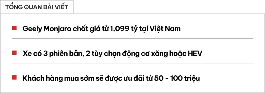 Chi tiết Geely Monjaro ra mắt Việt Nam: Chốt giá cao nhất gần 1,2 tỷ đấu Santa Fe, có bản hybrid, ADAS- Ảnh 1. Chi tiết Geely Monjaro ra mắt Việt Nam: Chốt giá cao nhất gần 1,2 tỷ đấu Santa Fe, có bản hybrid, ADAS- Ảnh 1.