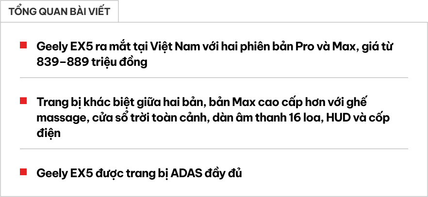 Geely EX5 ra mắt tại Việt Nam: Hai bản, giá từ 839 triệu đồng, 495km/sạc, có ADAS- Ảnh 1. Geely EX5 ra mắt tại Việt Nam: Hai bản, giá từ 839 triệu đồng, 495km/sạc, có ADAS- Ảnh 1.