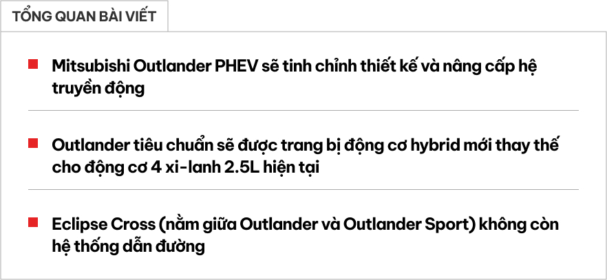 Mitsubishi Outlander 'dậm chân' ở Việt Nam nhưng thế giới thậm chí sắp nâng cấp thế hệ mới: Bỏ máy xăng, chỉ còn hybrid, bản PHEV chạy gần 100km không cần xăng- Ảnh 1. Mitsubishi Outlander 'dậm chân' ở Việt Nam nhưng thế giới thậm chí sắp nâng cấp thế hệ mới: Bỏ máy xăng, chỉ còn hybrid, bản PHEV chạy gần 100km không cần xăng- Ảnh 1.