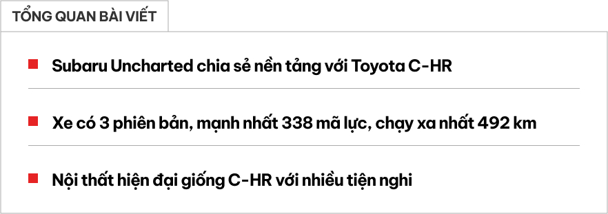 Subaru Uncharted ra mắt: Nhỏ gọn như Crosstrek tại Việt Nam nhưng chạy điện, nội thất ‘đặc sệt’ Toyota, chạy gần 500km/sạc- Ảnh 1. Subaru Uncharted ra mắt: Nhỏ gọn như Crosstrek tại Việt Nam nhưng chạy điện, nội thất ‘đặc sệt’ Toyota, chạy gần 500km/sạc- Ảnh 1.