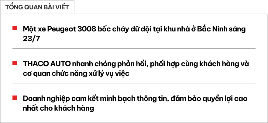 Vụ Peugeot 3008 cháy ở Bắc Ninh, THACO AUTO lên tiếng: Sẵn sàng đồng hành giải quyết với khách hàng- Ảnh 1.