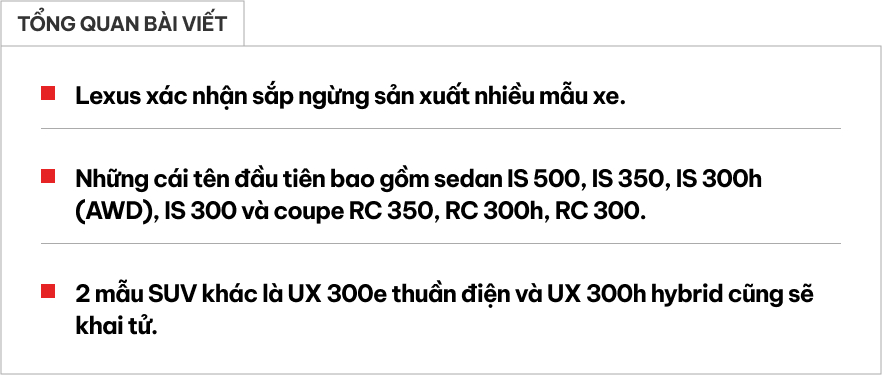 Lexus sắp khai tử gần 10 mẫu xe: Đủ sedan, coupe và cả... SUV thuần điện- Ảnh 1. Lexus sắp khai tử gần 10 mẫu xe: Đủ sedan, coupe và cả... SUV thuần điện- Ảnh 1.
