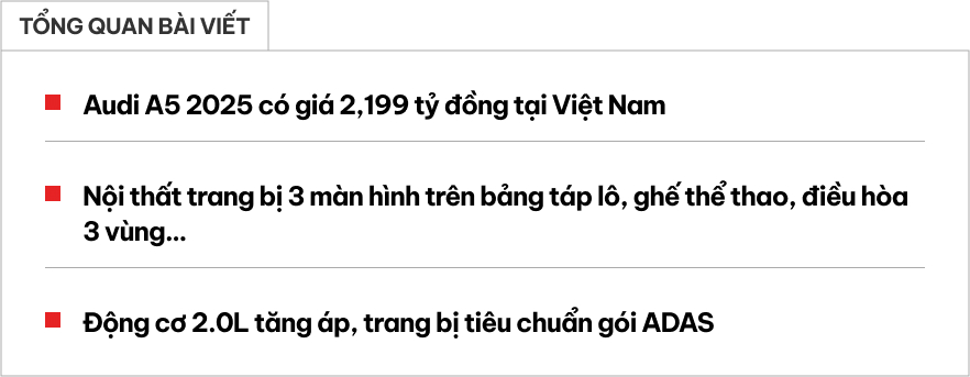 Audi A5 2025 ra mắt Việt Nam: Giá 2,2 tỷ, 3 màn hình trên táp lô, đấu C-Class và 3-Series- Ảnh 1. Audi A5 2025 ra mắt Việt Nam: Giá 2,2 tỷ, 3 màn hình trên táp lô, đấu C-Class và 3-Series- Ảnh 1.