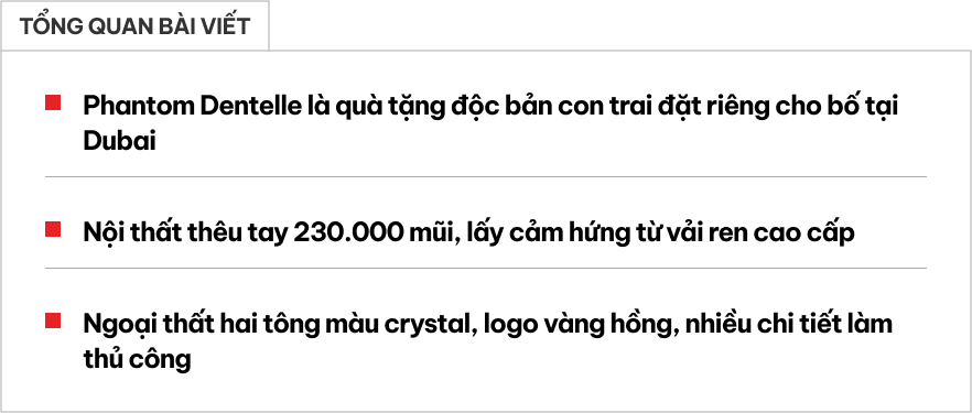 ‘Con nhà người ta’ tặng bố Rolls-Royce Phantom độc bản thêu ren thủ công 230.000 mũi, đổi màu, lấp lánh theo ánh sáng- Ảnh 1. ‘Con nhà người ta’ tặng bố Rolls-Royce Phantom độc bản thêu ren thủ công 230.000 mũi, đổi màu, lấp lánh theo ánh sáng- Ảnh 1.