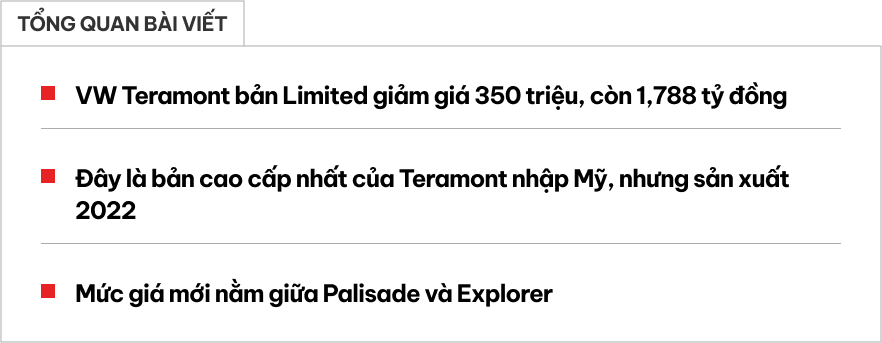 VW Teramont hạ giá kỷ lục còn 1,788 tỷ đồng: Là bản Limited nhiều 'option' xịn, tăng cạnh tranh trước Palisade, làm khó Explorer- Ảnh 1. VW Teramont hạ giá kỷ lục còn 1,788 tỷ đồng: Là bản Limited nhiều 'option' xịn, tăng cạnh tranh trước Palisade, làm khó Explorer- Ảnh 1.