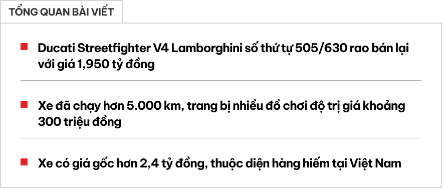 Ducati Streetfighter V4 Lamborghini hàng hiếm rất giống xe của ông xã Đoàn Di Băng rao bán gần 2 tỷ đồng, mới chỉ chạy hơn 5.000 km- Ảnh 1.