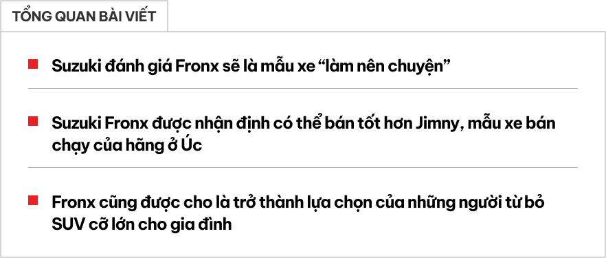 Sếp Suzuki tự tin: 'Fronx trở thành lựa chọn hàng đầu của người muốn bỏ Toyota Land Cruiser, ăn đứt cả Jimny'- Ảnh 1. Sếp Suzuki tự tin: 'Fronx trở thành lựa chọn hàng đầu của người muốn bỏ Toyota Land Cruiser, ăn đứt cả Jimny'- Ảnh 1.