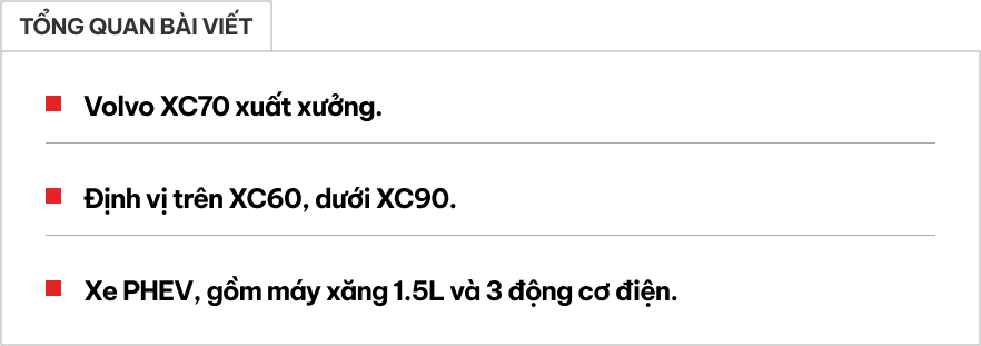 Volvo XC70 đầu tiên xuất xưởng: Trông như xe điện nhưng là PHEV, máy xăng 1.5L 161 mã lực kèm 3 mô-tơ điện- Ảnh 1. Volvo XC70 đầu tiên xuất xưởng: Trông như xe điện nhưng là PHEV, máy xăng 1.5L 161 mã lực kèm 3 mô-tơ điện- Ảnh 1.